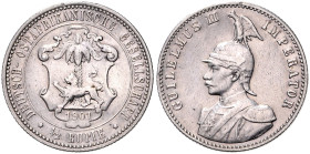 KOLONIEN, Deutsch-Ostafrika, 1/2 Rupie 1901. 25mm; 5,80g; 12h.
 kl.Rdf, schöne Tönung, ss-vz
J.712; N.722; Y.3