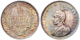 KOLONIEN, Deutsch-Ostafrika, 1/2 Rupie 1913 J. 25mm; 8,81g; 12h. Ex H.Möller A50, Nr.3022.
 schöne Patina, vz+
J.721; N.737; Y.14