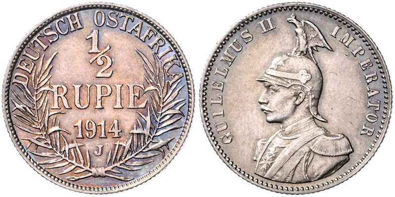 KOLONIEN, Deutsch-Ostafrika, 1/2 Rupie 1914 J. 25mm, 5,84g; 12h.
 schöne Patina...