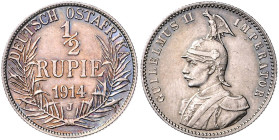 KOLONIEN, Deutsch-Ostafrika, 1/2 Rupie 1914 J. 25mm, 5,84g; 12h.
 schöne Patina, vz+
J.721; N.737; Y.14