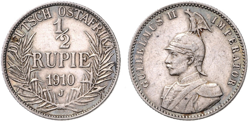 KOLONIEN, Deutsch-Ostafrika, 1/2 Rupie 1910 J. 25mm, 5,879g, 12h.
 schöne Tönun...