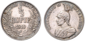 KOLONIEN, Deutsch-Ostafrika, 1/2 Rupie 1910 J. 25mm, 5,879g, 12h.
 schöne Tönung, f.vz
J.721; N.737; Y.14
