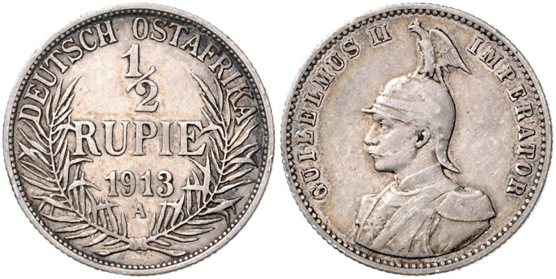 KOLONIEN, Deutsch-Ostafrika, 1/2 Rupie 1913 A. 25mm; 5,76g; 12h. Ex Peus A386/38...