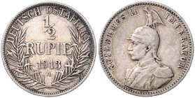 KOLONIEN, Deutsch-Ostafrika, 1/2 Rupie 1913 A. 25mm; 5,76g; 12h. Ex Peus A386/387, Nr.3898.
 ss-vz
J.721; N.737; Y.14