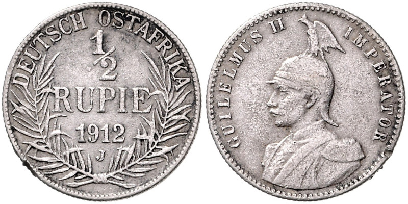 KOLONIEN, Deutsch-Ostafrika, 1/2 Rupie 1912 J. 25mm, 5,57g, 12h.
 kl.Rdf., ss
...