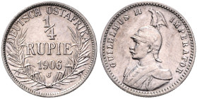 KOLONIEN, Deutsch-Ostafrika, 1/4 Rupie 1906 J. 19mm; 2,90g; 12h.
 vz
J.720; N.734; Y.13