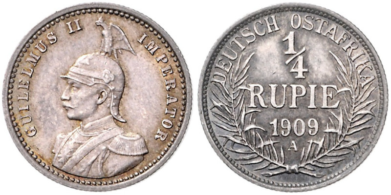 KOLONIEN, Deutsch-Ostafrika, 1/4 Rupie 1909 A. 19mm; 2,90g; 12h.
 schöne Patina...
