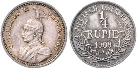 KOLONIEN, Deutsch-Ostafrika, 1/4 Rupie 1909 A. 19mm; 2,90g; 12h.
 schöne Patina, vz-st
J.720