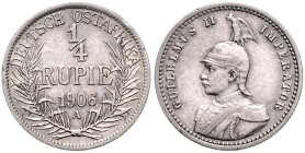 KOLONIEN, Deutsch-Ostafrika, 1/4 Rupie 1906 A. 19mm; 2,90g; 12 h.
 vz
J.720; N.734; Y.13