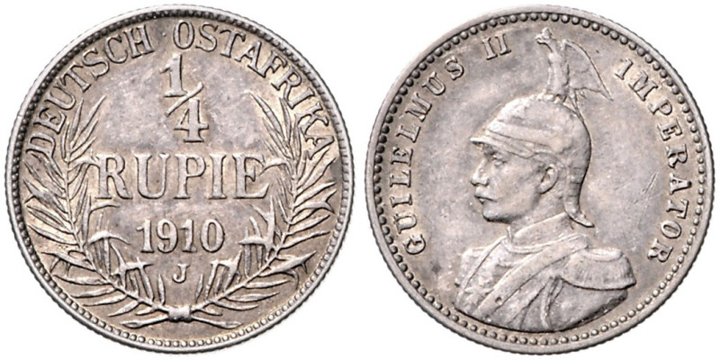 KOLONIEN, Deutsch-Ostafrika, 1/4 Rupie 1910 J. 19mm; 2,89g; 12 h. Ex Künker Nr.5...