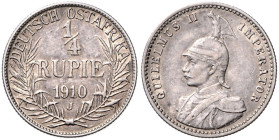 KOLONIEN, Deutsch-Ostafrika, 1/4 Rupie 1910 J. 19mm; 2,89g; 12 h. Ex Künker Nr.592.
 f.vz
J.720; N.735; Y.13