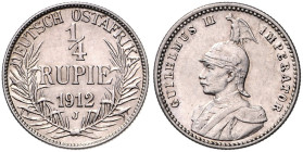 KOLONIEN, Deutsch-Ostafrika, 1/4 Rupie 1912 J. 19mm; 2,91g; 12 h. Ex Künker Nr.593.
 vz-st
J.720; N.735; Y.13