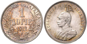 KOLONIEN, Deutsch-Ostafrika, 1 Rupie 1913 J. 31mm, 11,67g; 12h. Ex Wendel, Nr.5480, 19.12.1999.
 schöne Tönung, kl.Kr., vz+
J.722