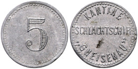 KOLONIEN, Deutsch-Südwestafrika, Alu.-Kantinenwertmarke o.J. zu 5 Pfennig. Schlachtschiff S.M.S. Gneisenau. 20mm;0,71g; 12 h.
 kl.Kr., f.vz
Menzel 1...