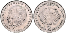 BUNDESREPUBLIK DEUTSCHLAND, 2 DM 1970 D. Konrad Adenauer (20 Jahre Grundgesetz), dünner Schrötling. 27mm; 3,23g; 12h.
 ss
J.406