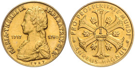 BUNDESREPUBLIK DEUTSCHLAND, Aureus Magnus zu I Dukat 1967. Maria Theresia. .980; 20,16mm; 3,38g.
Ware ist MwSt-befreit
VAT tax free
GOLD, ss/vz
KM...