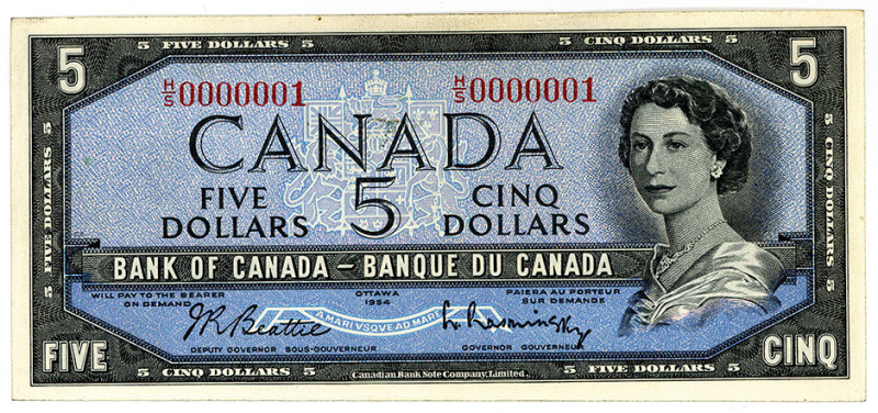 KANADA, Dominion of Canada, 5 Dollars 1954. H/S 0000001.
 I
Pick 77b