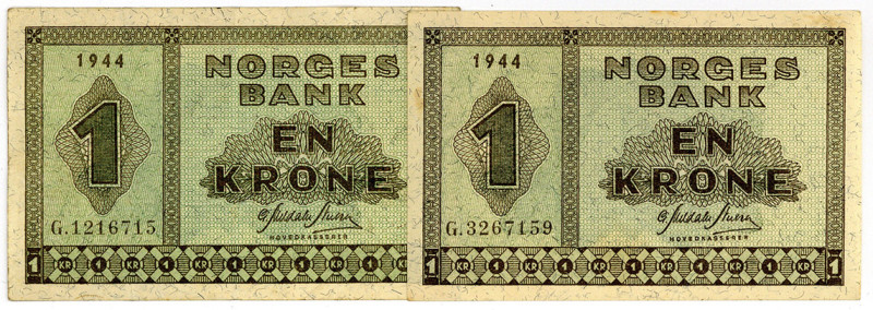 NORWEGEN, Norges Bank, 1 Krone 1944 G.
 2 Stk., I, III
Pick 15a