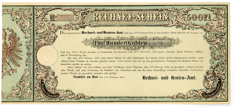 FRANKFURT, Frankfurter Bank, Rechnei- und Rentenamt. 500 Gulden 1.2.1853, blanko...