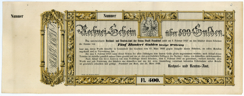 FRANKFURT, Frankfurter Bank, Rechnei- und Rentenamt. 500 Gulden 21.3.1846, blank...