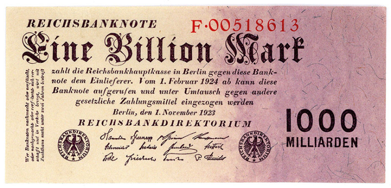 DEUTSCHES REICH BIS 1945, Geldscheine der Inflation, 1919-1924, 1 Billion Mark 0...