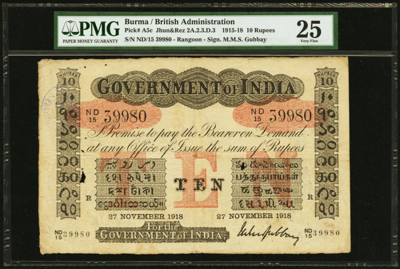 Burma Government Of India 10 Rupees 27.11.1918 Pick A5c Jhunjhunwalla-Razack 2A....