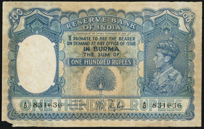 Burma Reserve Bank of India 100 Rupees ND (1939) Pick 6 Jhunjhunwalla-Razack 6.1...