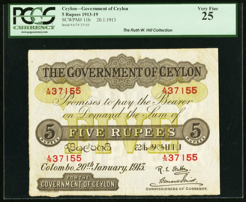 Ceylon Government of Ceylon 5 Rupees 20.1.1913 Pick 11b PCGS Very Fine 25. This ...