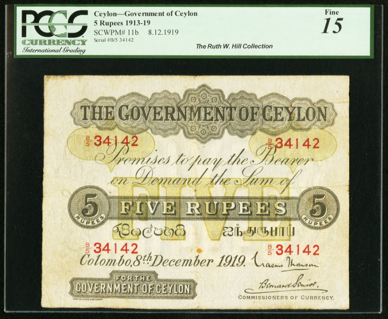 Ceylon Government of Ceylon 5 Rupees 8.12.1919 Pick 11b PCGS Fine 15. This early...