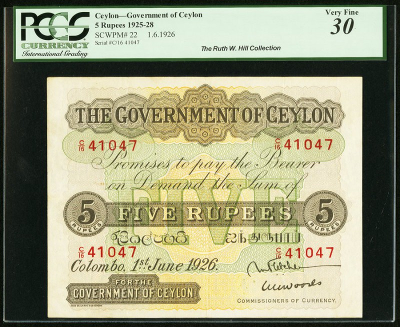 Ceylon Government of Ceylon 5 Rupees 1.6.1926 Pick 22 PCGS Very Fine 30. The col...