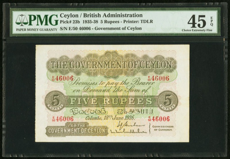 Ceylon Government of Ceylon 5 Rupees 18.6.1936 Pick 23b PMG Choice Extremely Fin...