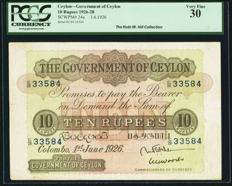 Ceylon Government of Ceylon 10 Rupees 1.6.1926 Pick 24a PCGS Very Fine 30. Overa...