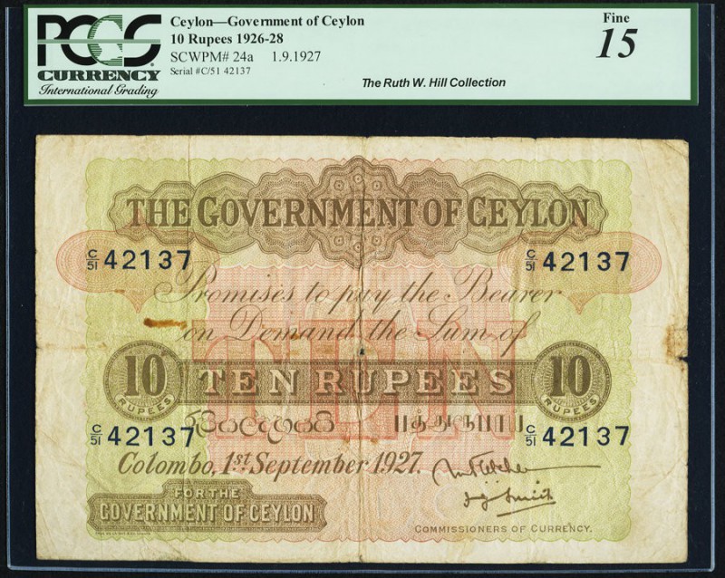 Ceylon Government of Ceylon 10 Rupees 1.9.1927 Pick 24a PCGS Fine 15. The colors...