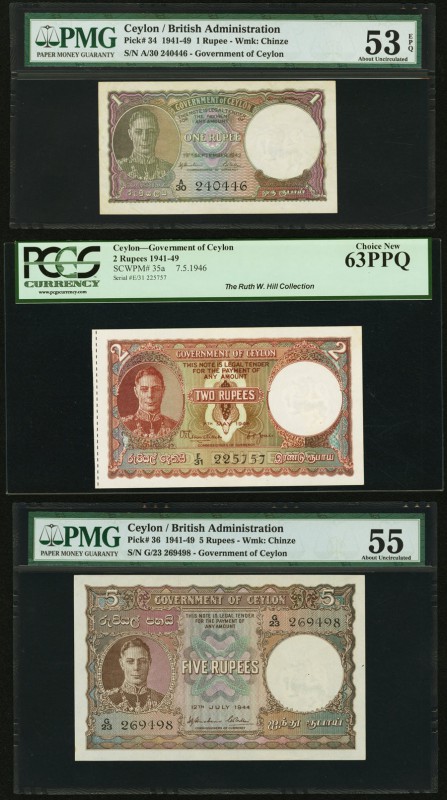 Ceylon Government of Ceylon 1; 2; 5 Rupees ca. 1942-46 Pick 34; 35a; 36 PMG Abou...