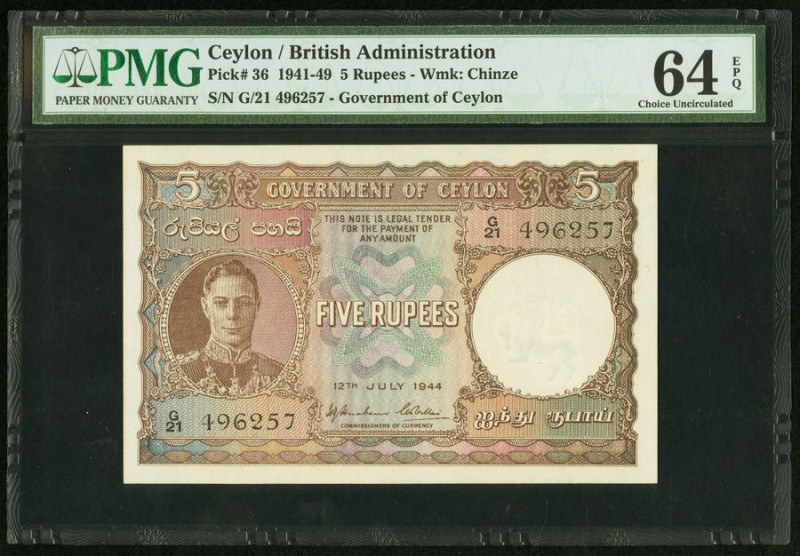 Ceylon Government of Ceylon 5 Rupees 12.7.1944 Pick 36 PMG Choice Uncirculated 6...