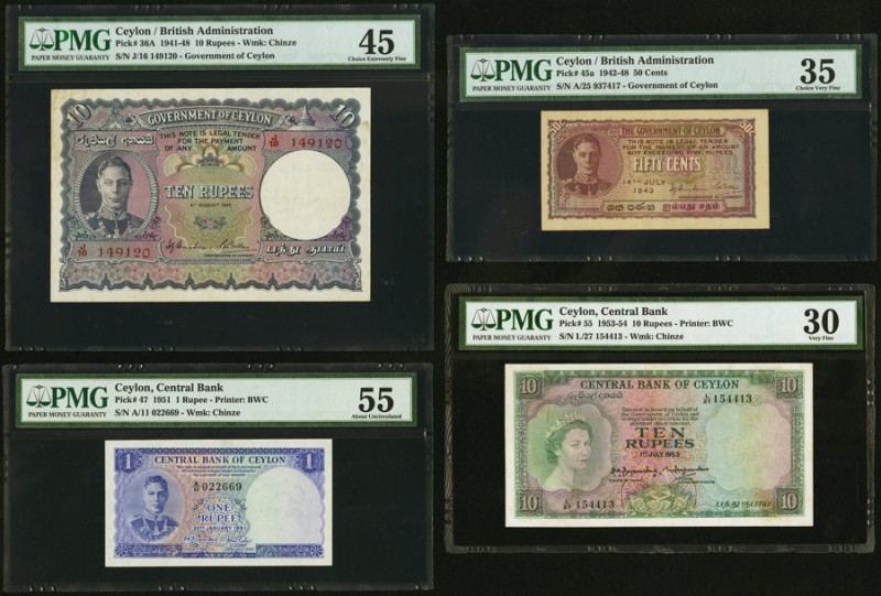 Ceylon Government of Ceylon 10 Rupees 4.8.1943 Pick 36A; 50 Cents 14.7.1942 Pick...