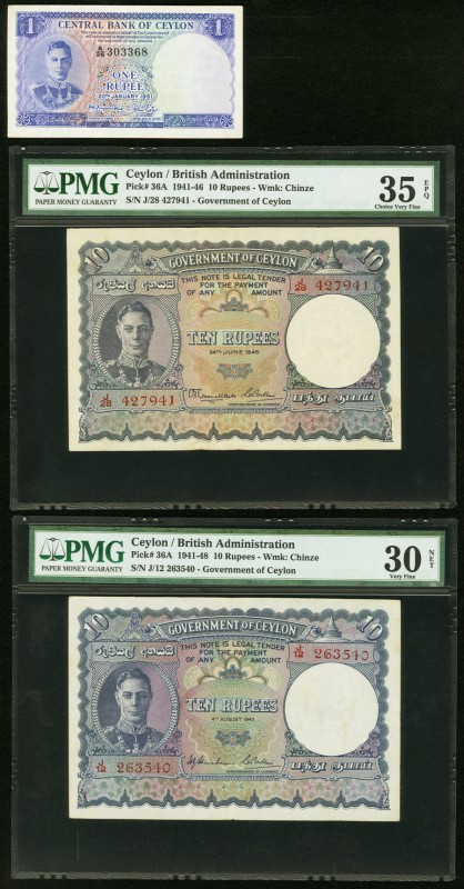 Ceylon Government of Ceylon Lot of 6 Various Issued Examples. 1 Rupee 20.1.1951 ...