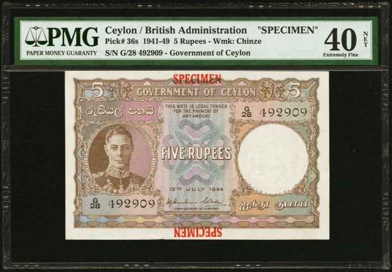 Ceylon Government of Ceylon 5 Rupees 12.7.1944 Pick 36s Specimen PMG Extremely F...
