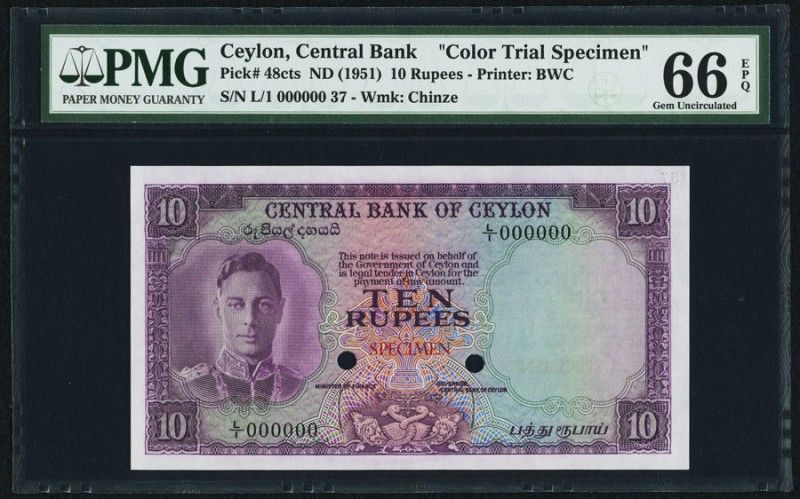 Ceylon Central Bank of Ceylon 10 Rupees ND (1951) Pick 48cts Color Trial Specime...