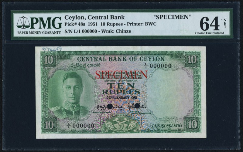 Ceylon Central Bank of Ceylon 10 Rupees 20.1.1951 Pick48s Specimen PMG Choice Un...