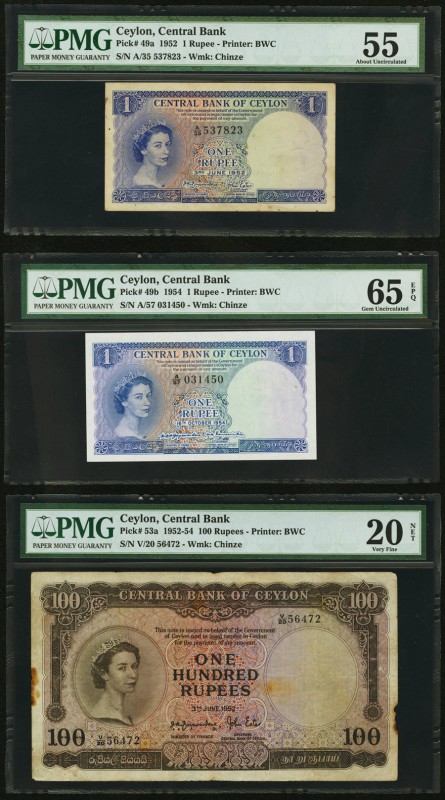 Ceylon Central Bank of Ceylon 1 (2); 100; 5; 10 Rupees 1952-54 Pick 49a; 49b; 53...