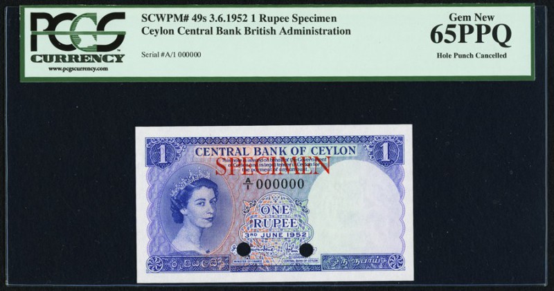 Ceylon Central Bank of Ceylon 1 Rupee 3.6.1952 Pick 49s Specimen PCGS Gem New 65...