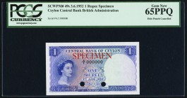 Ceylon Central Bank of Ceylon 1 Rupee 3.6.1952 Pick 49s Specimen PCGS Gem New 65PPQ. A beautiful example of this popular initial denomination. A/1 pre...
