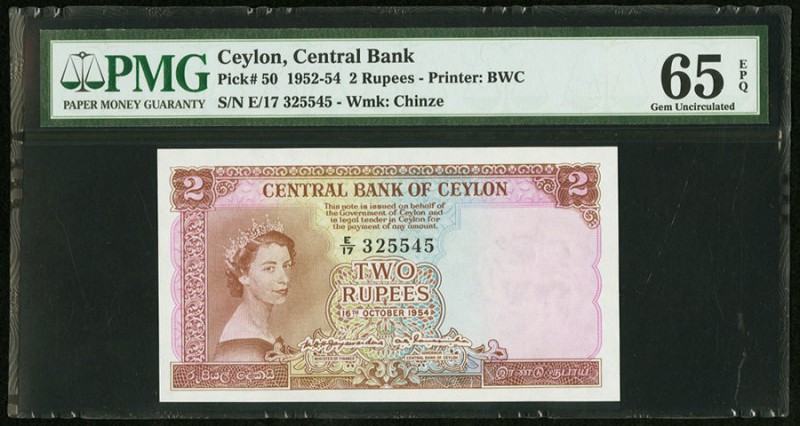 Ceylon Central Bank of Ceylon 2 Rupees 16.10.1954 Pick 50 PMG Gem Uncirculated 6...