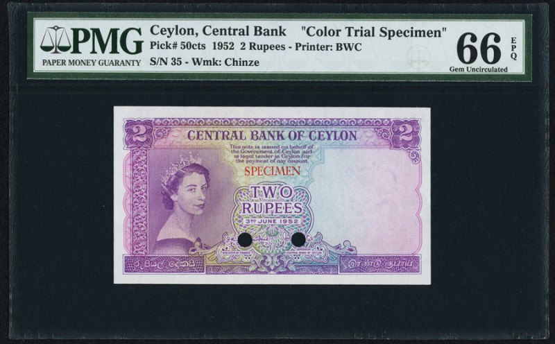Ceylon Central Bank of Ceylon 2 Rupees 3.6.1952 Pick 50cts Color Trial Specimen ...