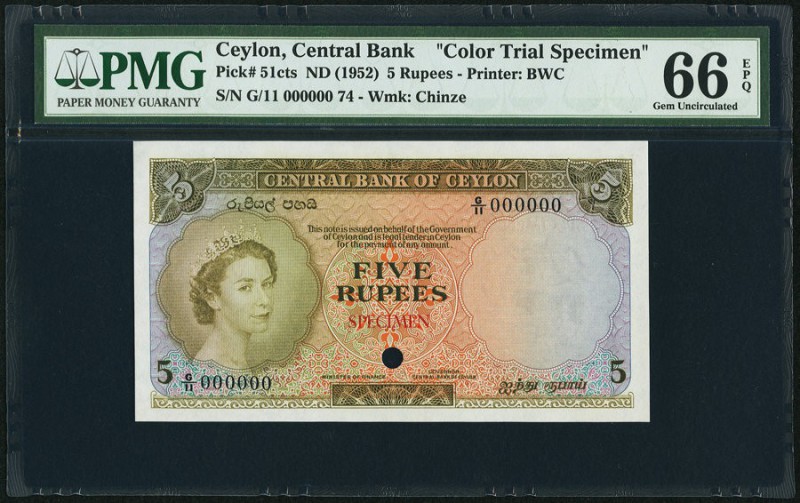 Ceylon Central Bank of Ceylon 5 Rupees ND (1952) Pick 51cts Color Trial Specimen...