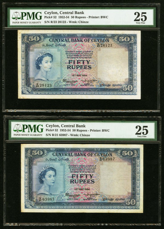 Ceylon Central Bank of Ceylon 50 Rupees 12.5.1954 Pick 52 PMG Very Fine 25(2). A...