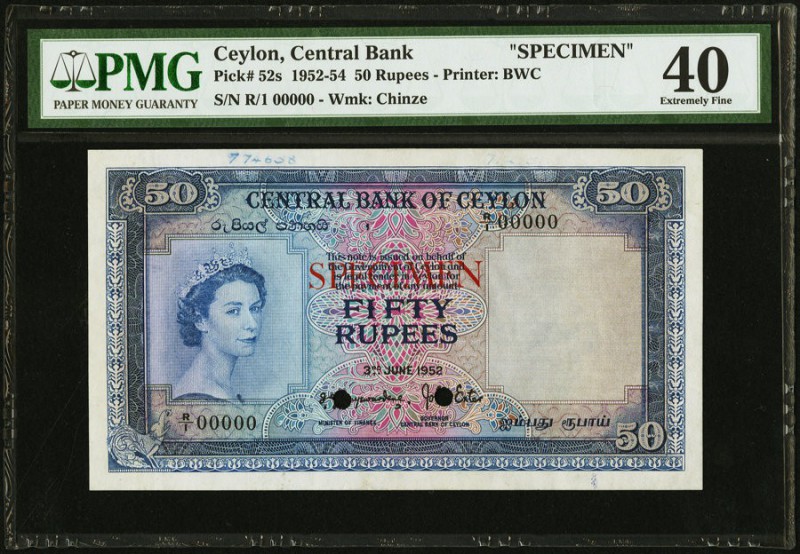 Ceylon Central Bank of Ceylon 50 Rupees 3.6.1952 Pick 52s Specimen PMG Extremely...