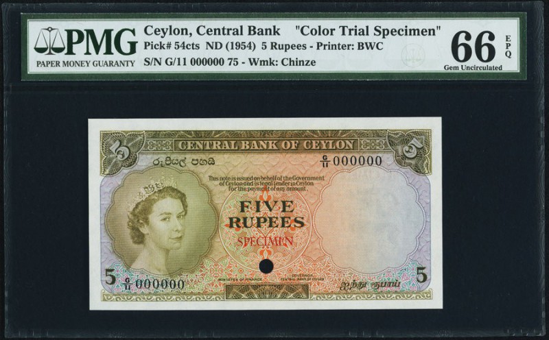 Ceylon Central Bank of Ceylon 5 Rupees ND (1954) Pick 54cts Color Trial Specimen...