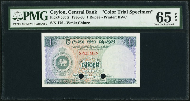 Ceylon Central Bank of Ceylon 1 Rupee 30.7.1956 Pick 56cts Color Trial Specimen ...